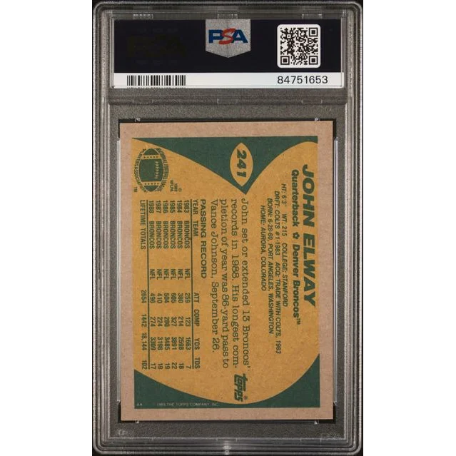 Graded PSA 10 GEM MINT 1989 Topps John Elway football card on display