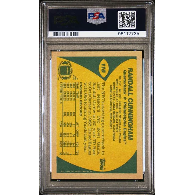 PSA graded 1989 Randall Cunningham football card in protective slab for collectors