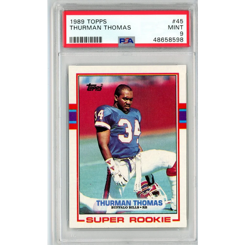 Professional sports authenticator graded 1989 Topps Thurman Thomas rookie card for sports collectors