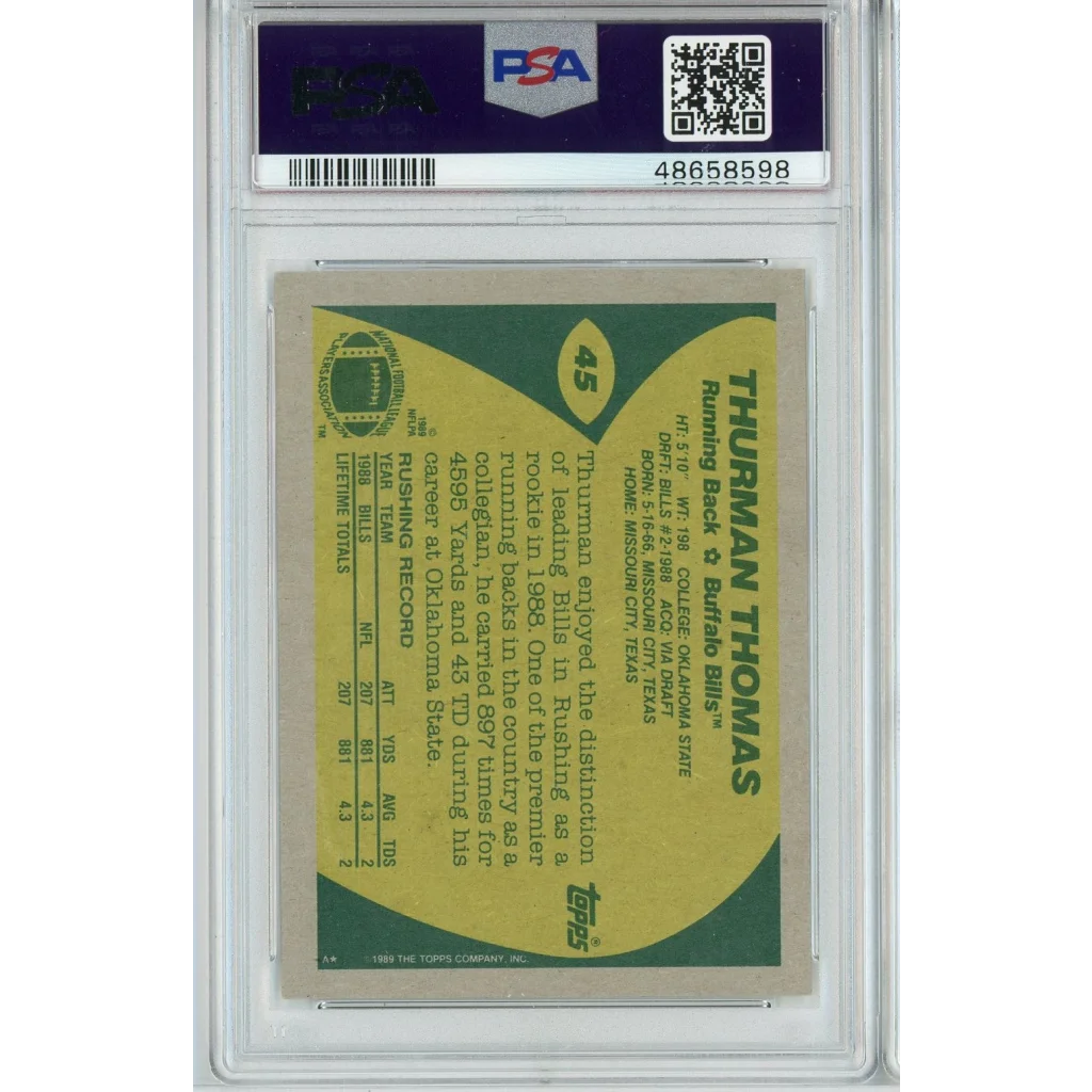 Graded Thurman Thomas football card by PSA, authentic sports authenticator, for pro sports fans