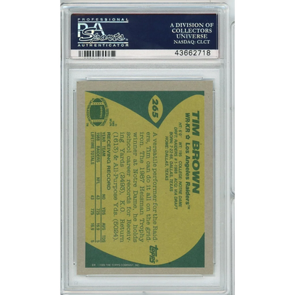 Graded 1989 Topps Tim Brown #265 Rookie RC Football Card PSA 10 Gem Mint | PSA 10 Gem Mint Graded Rookie Card | vintageantiquesgifts.com