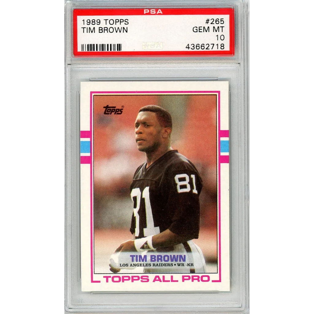 PSA-graded 1989 Topps Tim Brown Rookie Card Gem Mint 10 on display