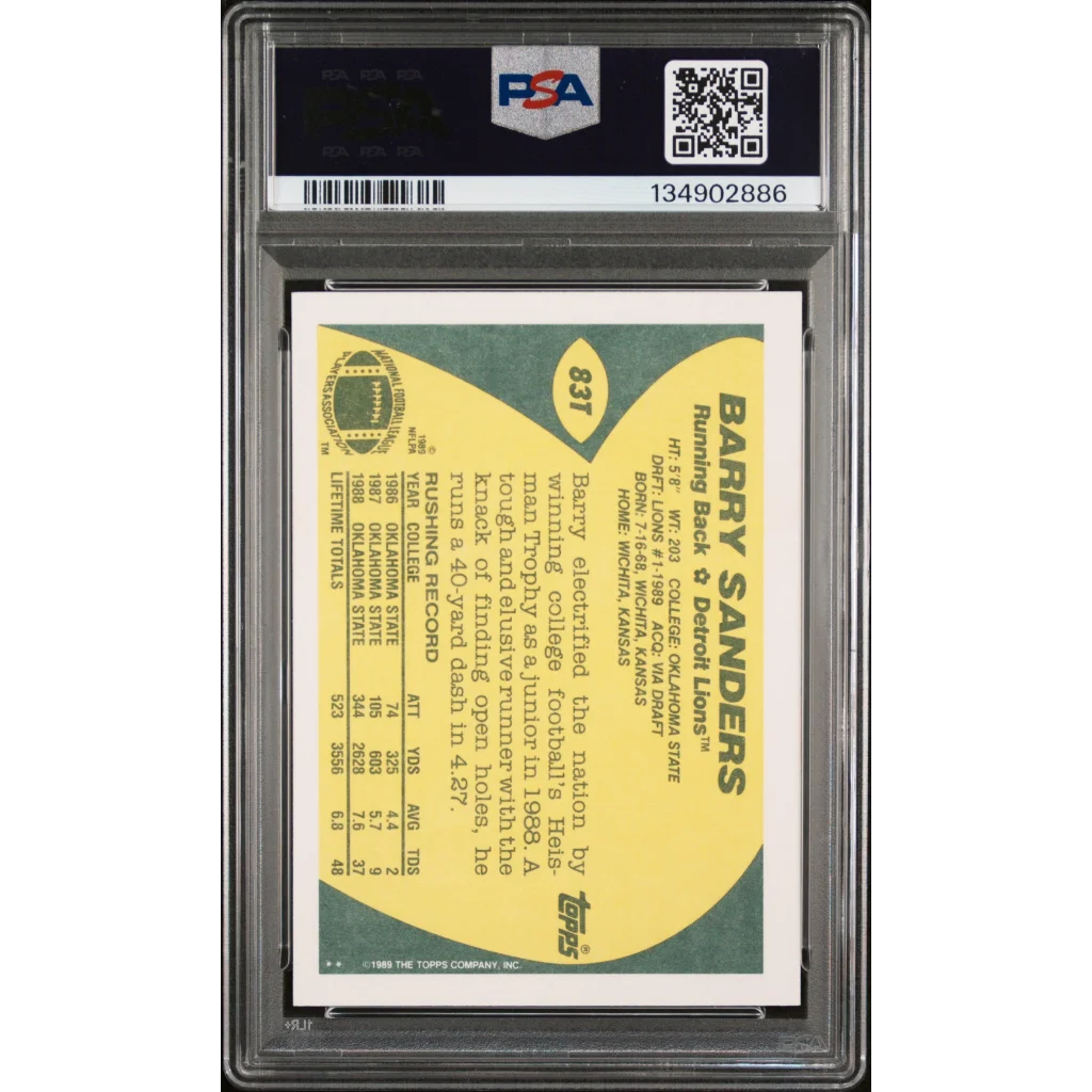 Graded 1989 Topps Traded Barry Sanders #83T Rookie RC Football Card PSA 8 NM-MT | PSA 8 NM-MT Graded Rookie Card | vintageantiquesgifts.com