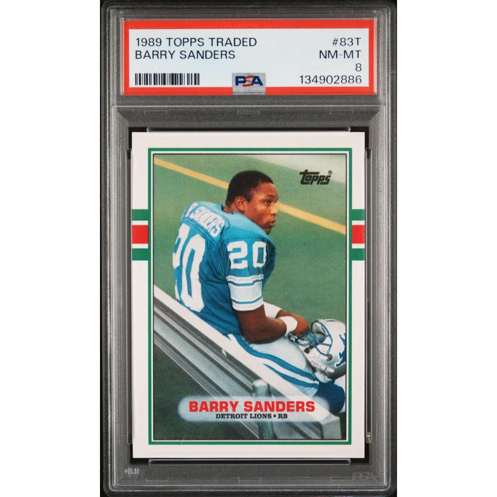 Graded 1989 Topps Traded Barry Sanders #83T Rookie RC Football Card PSA 8 NM-MT | Hall of Fame Sports Memorabilia | vintageantiquesgifts.com