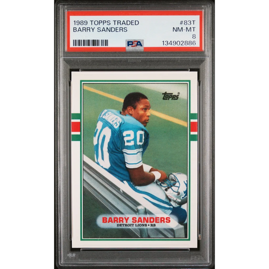 Graded 1989 Topps Traded Barry Sanders #83T Rookie RC Football Card PSA 8 NM-MT | Hall of Fame Sports Memorabilia | vintageantiquesgifts.com