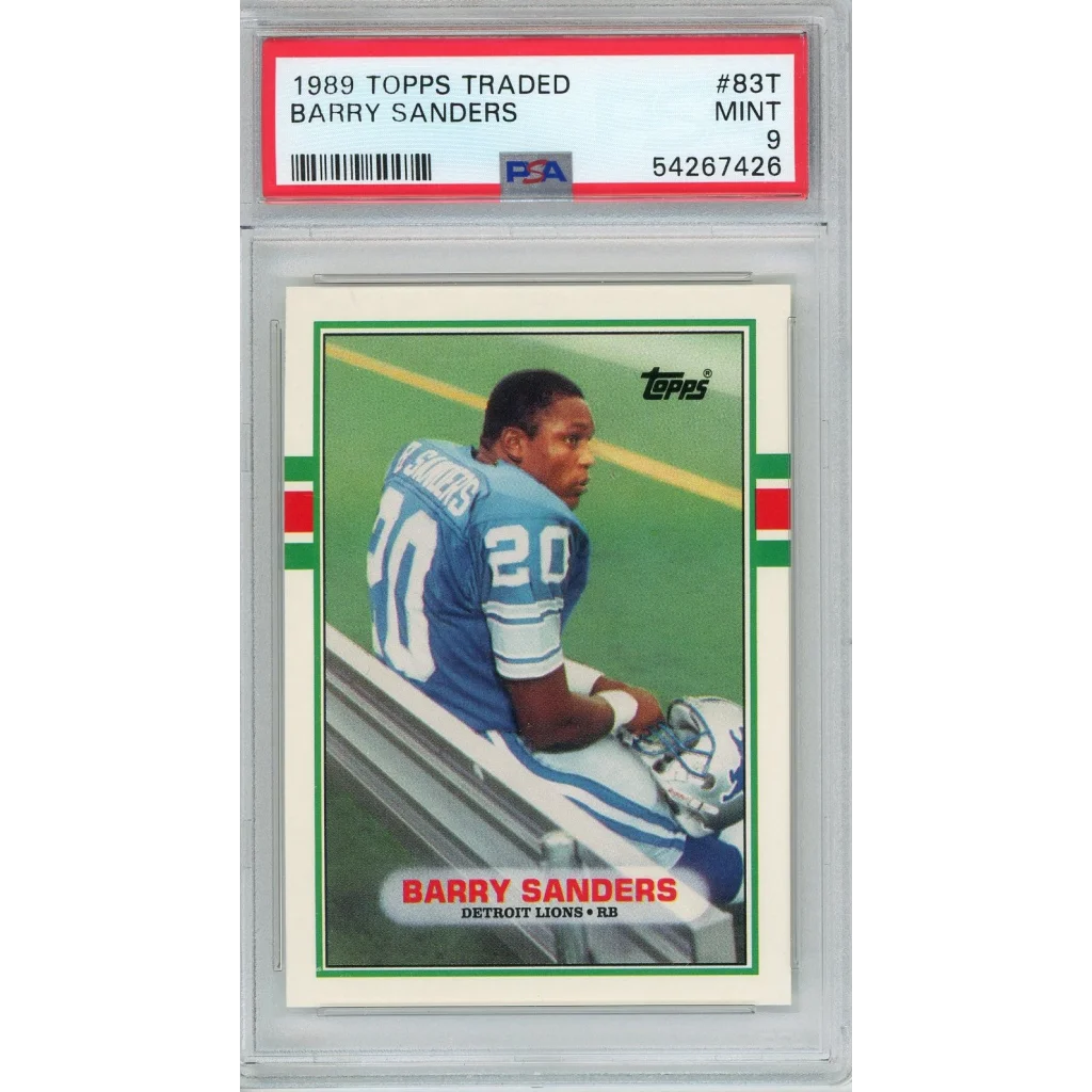 Graded 1989 Topps Traded Barry Sanders #83T Rookie RC Football Card PSA 9 Mint | Hall of Fame Sports Memorabilia | vintageantiquesgifts.com