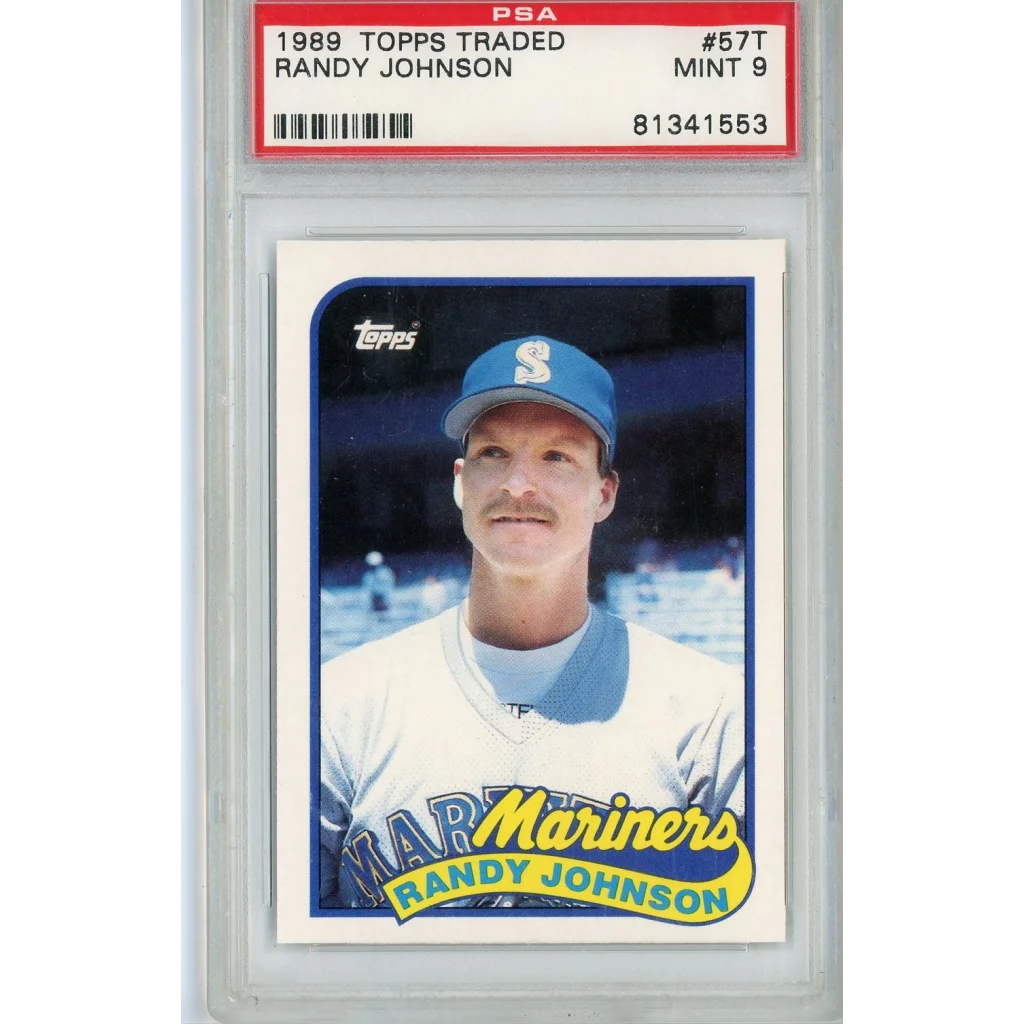 1989 Topps Traded Randy Johnson rookie baseball card graded Mint 9 in PSA holder