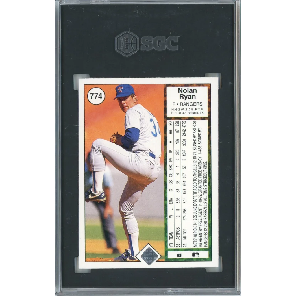 Graded 1989 Upper Deck Nolan Ryan #774 Baseball Card SGC 9 Mint | SGC 9 Mint Graded Vintage Baseball Card | vintageantiquesgifts.com