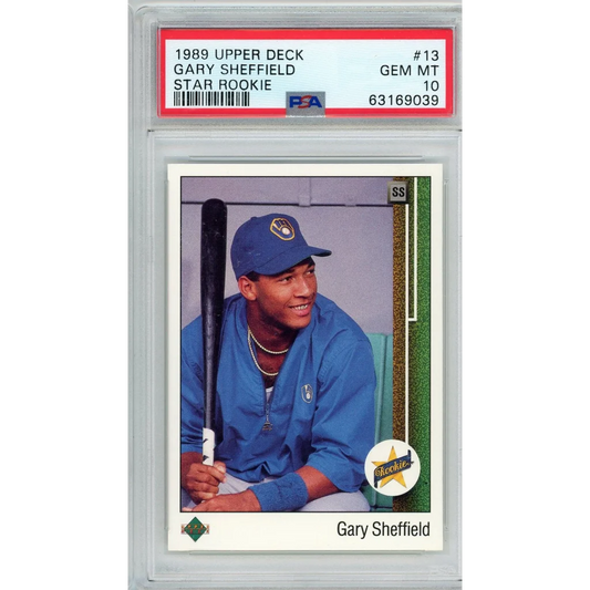 A graded 1989 Upper Deck Gary Sheffield Star Rookie baseball card in GEM MT 10 condition
