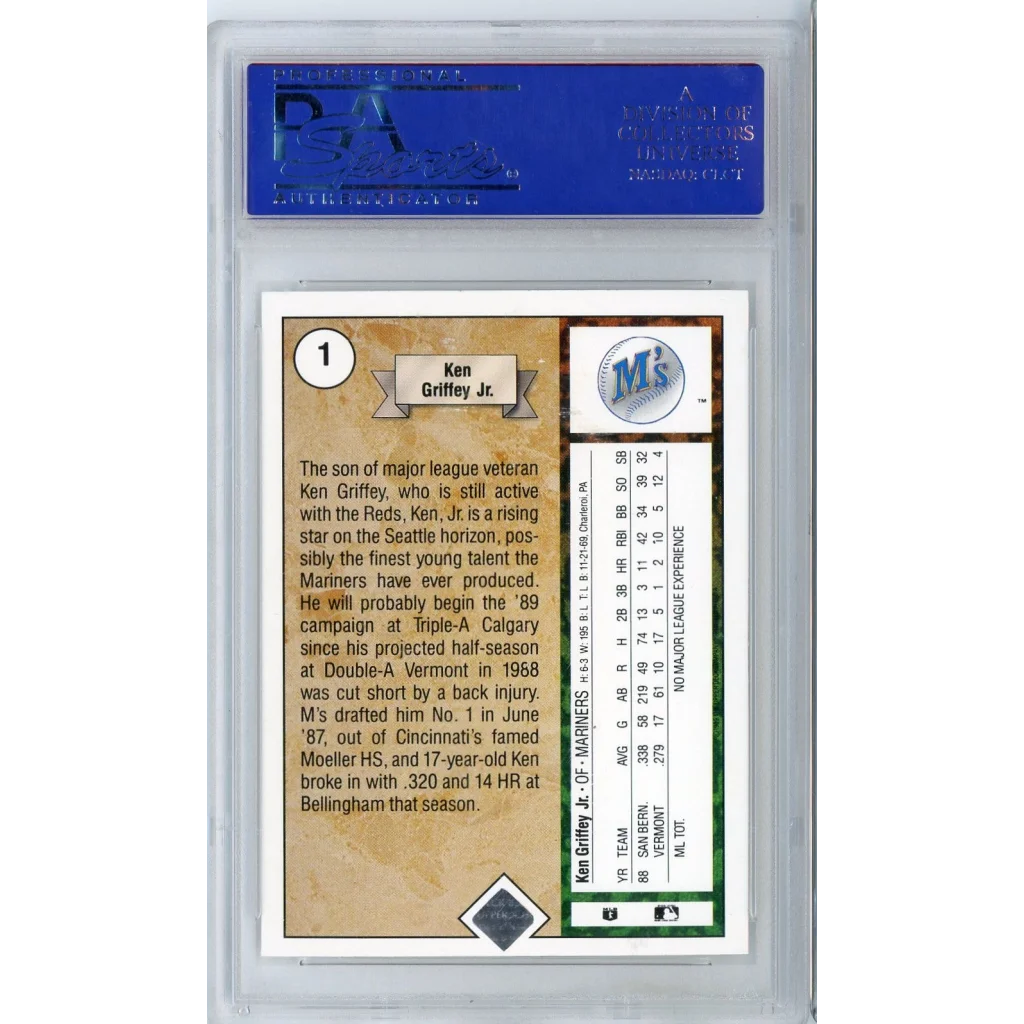 Graded Ken Griffey Jr 1989 Upper Deck Rookie Card in PSA case for collectors