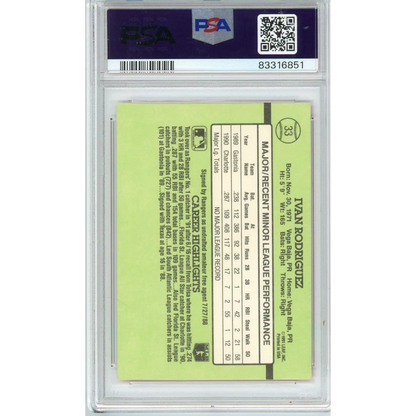 Graded 1991 Donruss Ivan Pudge Rodriguez #33 Rookie RC Baseball Card PSA 10 Auto Grade Gem Mint | PSA 10 Gem Mint Graded Rookie Card | vintageantiquesgifts.com