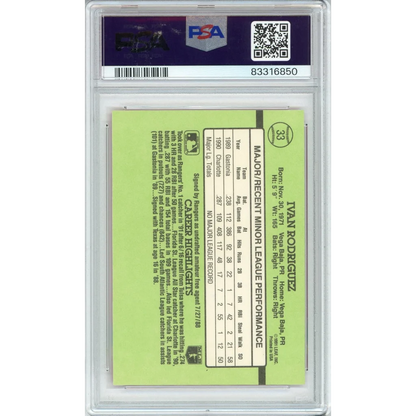 A graded Ivan Rodriguez 1991 Donruss Rookies autographed baseball card on display