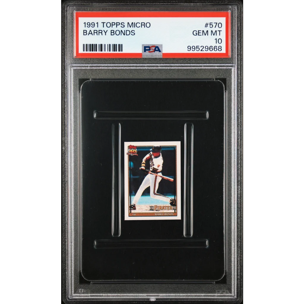 A graded 1991 Topps Micro Barry Bonds baseball card in PSA case