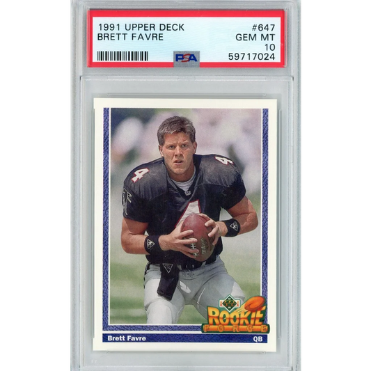 Graded 1991 Upper Deck Brett Favre #647 Rookie RC Football Card PSA 10 Gem Mint | Hall of Fame Sports Memorabilia | vintageantiquesgifts.com