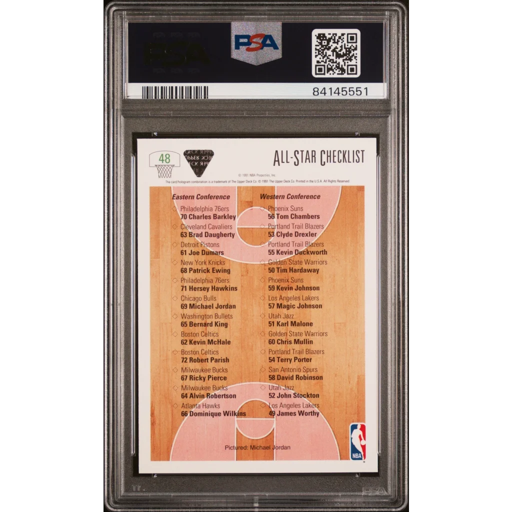 Image of the back side of a graded 1991 upper deck michael jordan 48 all star checklist card with orange and white design