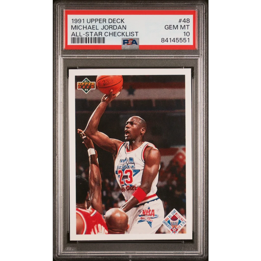 Graded 1991 Upper Deck Michael Jordan #48 All Star checklist basketball card PSA 10 mint showing the card back