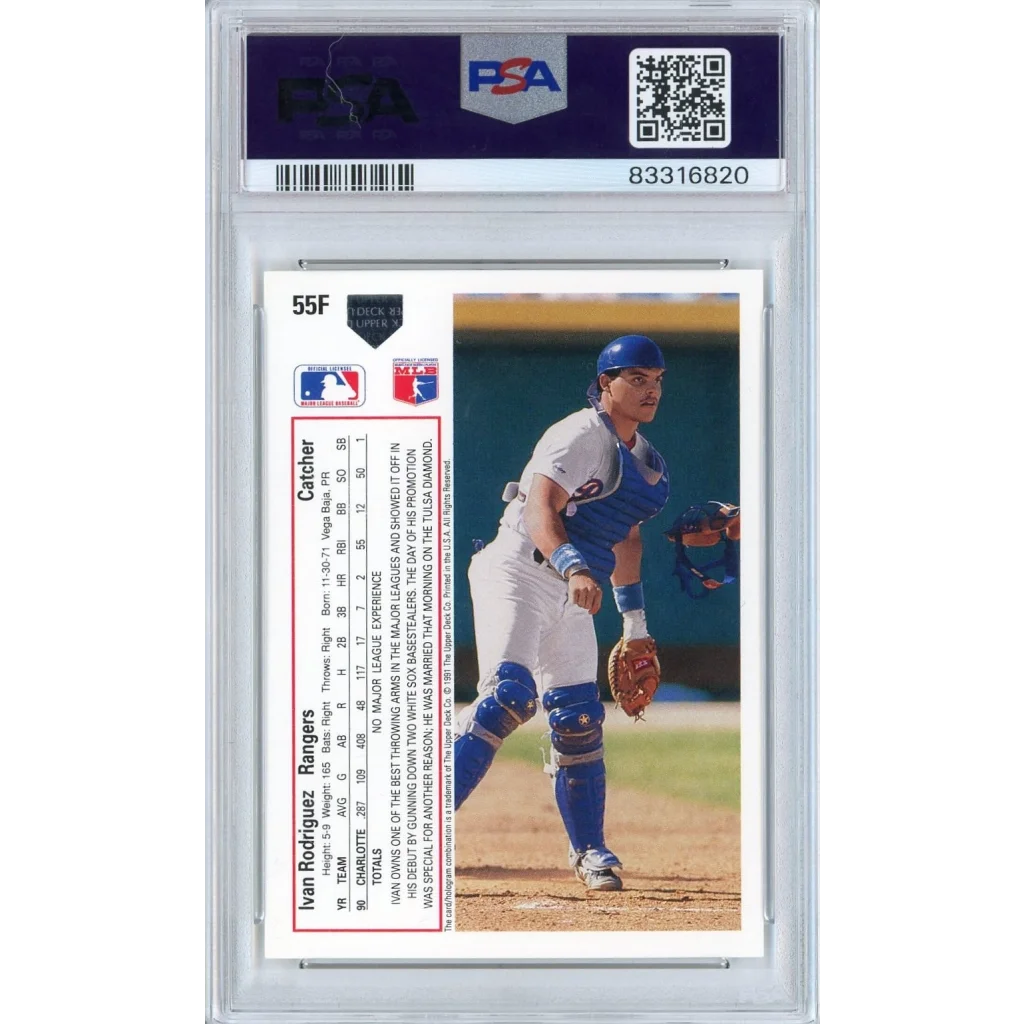 Graded 1991 Upper Deck UD Final Edition Ivan Pudge Rodriguez #55F Rookie RC Baseball Card PSA 9 Auto Grade Mint | PSA 9 Mint Graded Rookie Card | vintageantiquesgifts.com