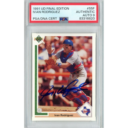 Graded 1991 Upper Deck Ivan Rodriguez baseball card with authentic autograph