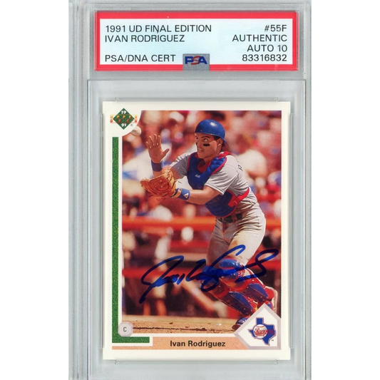 A graded 1991 Upper Deck Ivan Rodriguez baseball card with authentic autograph