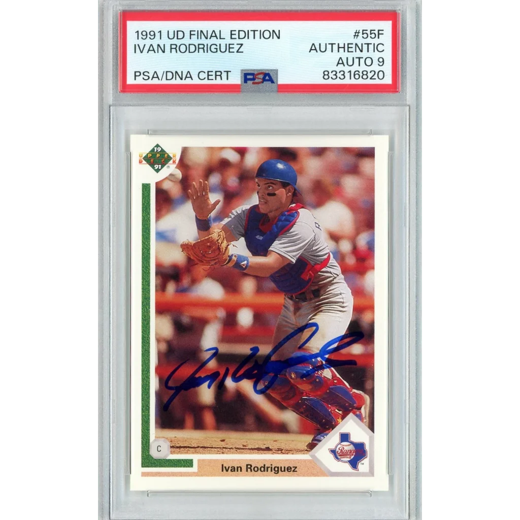 Graded 1991 Upper Deck UD Final Edition Ivan Pudge Rodriguez #55F Rookie RC Baseball Card PSA 9 Auto Grade Mint | Hall of Fame Sports Memorabilia | vintageantiquesgifts.com
