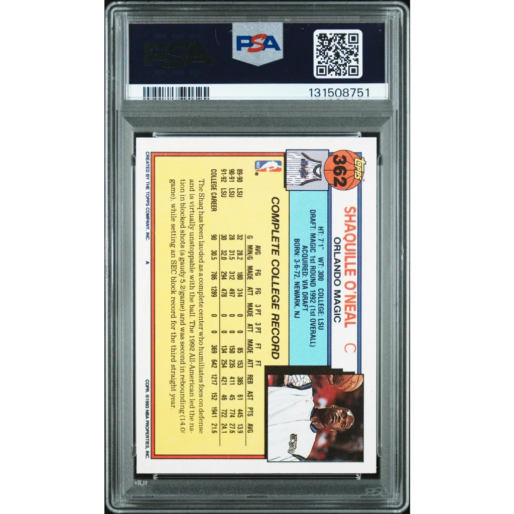 Graded 1994 Topps Shaquille ONeal #362 rookie PSA 10 gem mint card in slab