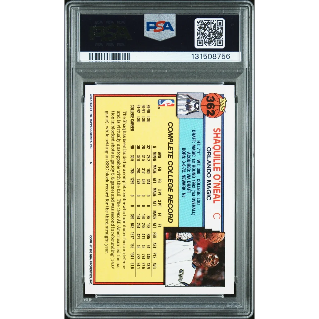 Graded 1992-93 Topps Shaquille O'Neal #362 Rookie RC Basketball Card PSA 9 Mint | PSA 9 Mint Graded Rookie Card | vintageantiquesgifts.com