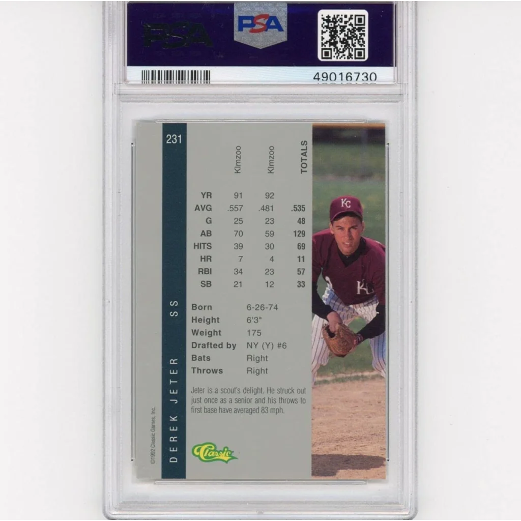 PSA graded 1992 Derek Jeter rookie card with stats and a maroon uniform player