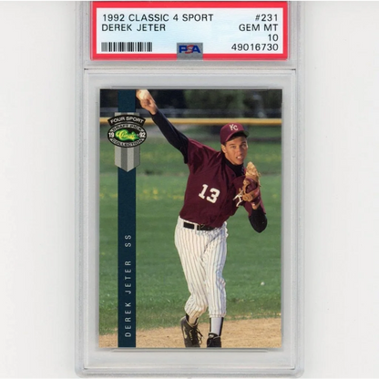 Close-up of PSA graded 1992 Derek Jeter rookie baseball card in collectible treasure box