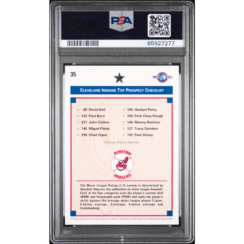 Graded PSA 10 1992 Upper Deck Manny Ramirez Rookie Card with Cleveland Indians Top Prospect Checklist