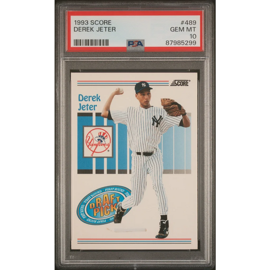 1993 score derek jeter rookie baseball card in new york yankees pinstripe uniform graded psa 10 gem mint