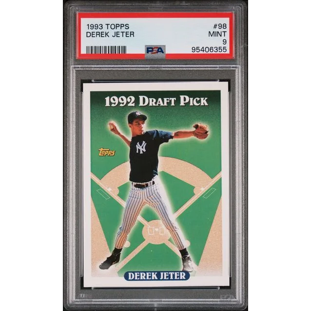 Graded 1993 Topps Derek Jeter #98 rookie baseball card PSA 9 mint showing 1992 draft pick in navy pinstripe uniform