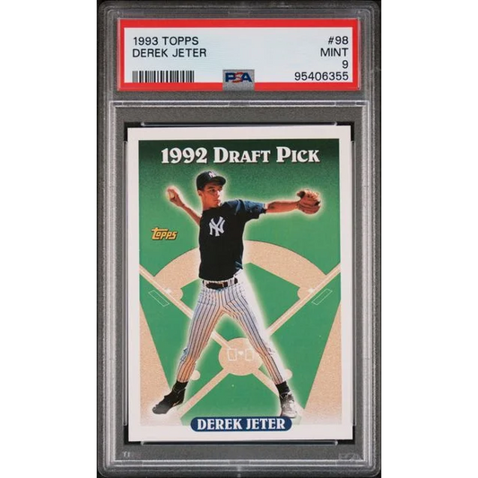 Graded 1993 Topps Derek Jeter #98 rookie baseball card PSA 9 mint showing 1992 draft pick in navy pinstripe uniform