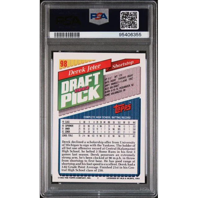 Graded 1993 Topps Derek Jeter #98 rookie baseball card in mint condition with PSA 9 rating and bold colorful design