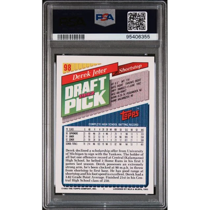 Graded 1993 Topps Derek Jeter #98 rookie baseball card in mint condition with PSA 9 rating and bold colorful design