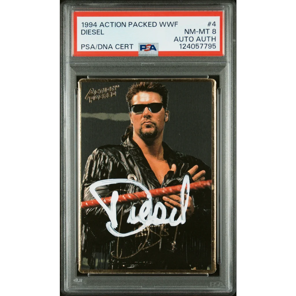 Graded 1994 Action Packed WWF Kevin Nash Diesel #4 Rookie RC Signed Wrestling Card PSA 8 NM-MT | Hall of Fame Sports Memorabilia | vintageantiquesgifts.com