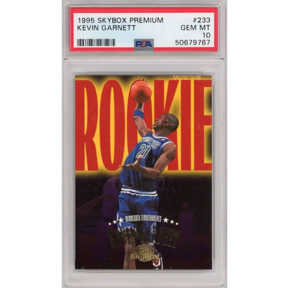 PSA graded 1995 Skybox Premium Kevin Garnett rookie basketball card on display