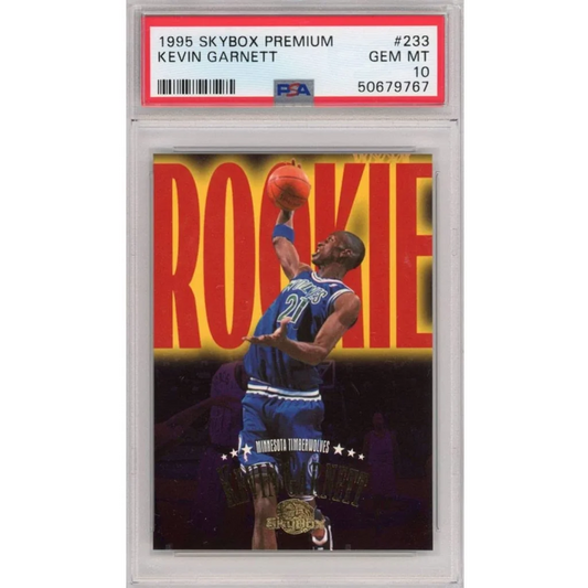 PSA graded 1995 Skybox Premium Kevin Garnett rookie basketball card on display