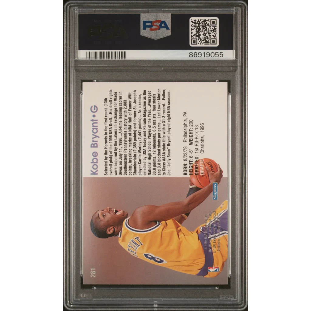 Basketball trading card of Kobe Bryant in protective slab, PSA 10 GEM MINT 1996 Hoops