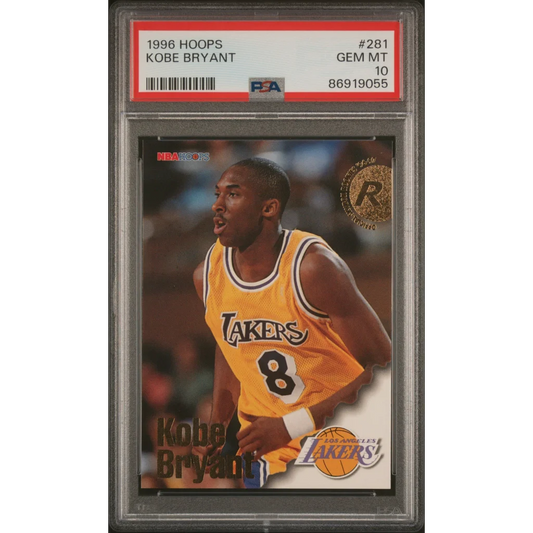 PSA 10 GEM MINT 1996 Hoops Kobe Bryant rookie card displayed in product image