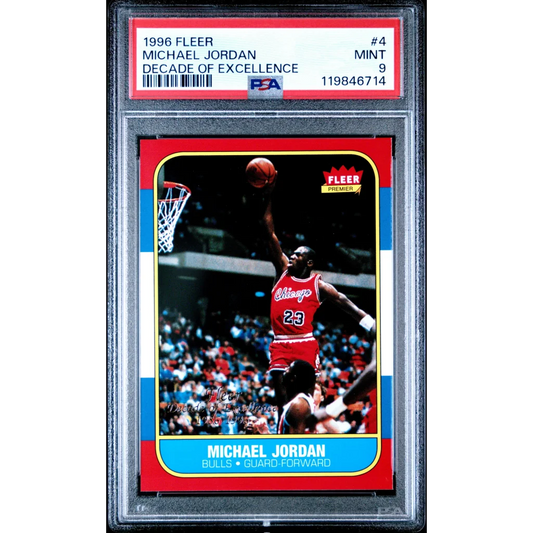 Graded 1996 Fleer Michael Jordan #4 Decade of Excellence Rookie Reprint Basketball Card PSA 9 Mint | Hall of Fame Sports Memorabilia | vintageantiquesgifts.com