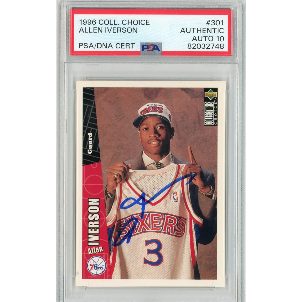 Graded 1996 Upper Deck UD Collector's Choice Allen Iverson #301 Rookie RC Basketball Card PSA 10 Auto Grade Gem Mint | Hall of Fame Sports Memorabilia | vintageantiquesgifts.com