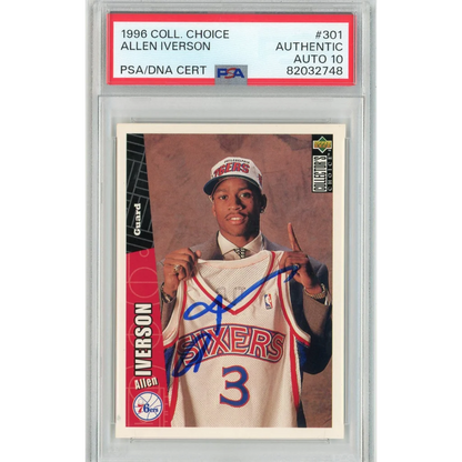 Graded 1996 Upper Deck UD Collector's Choice Allen Iverson #301 Rookie RC Basketball Card PSA 10 Auto Grade Gem Mint | Hall of Fame Sports Memorabilia | vintageantiquesgifts.com
