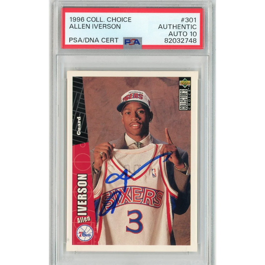 Graded 1996 Upper Deck UD Collector's Choice Allen Iverson #301 Rookie RC Basketball Card PSA 10 Auto Grade Gem Mint | Hall of Fame Sports Memorabilia | vintageantiquesgifts.com