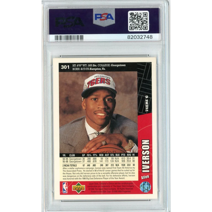 Graded 1996 Upper Deck UD Collector's Choice Allen Iverson #301 Rookie RC Basketball Card PSA 10 Auto Grade Gem Mint | PSA 10 Gem Mint Graded Rookie Card | vintageantiquesgifts.com