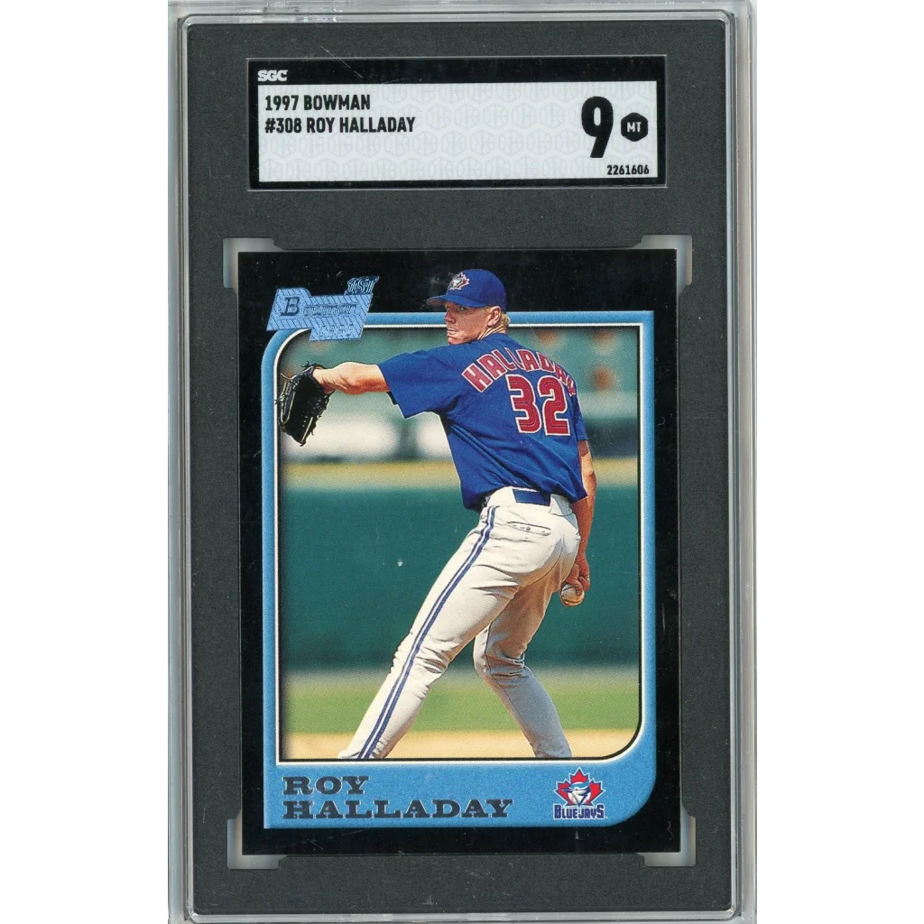 Graded 1997 Bowman Roy Halladay baseball card by PSA, a pro sports authenticator collectible