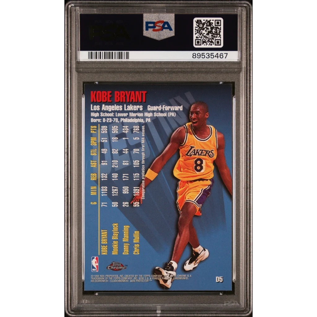 A graded Mint PSA 9 Kobe Bryant 1997 Topps Chrome Destiny basketball card