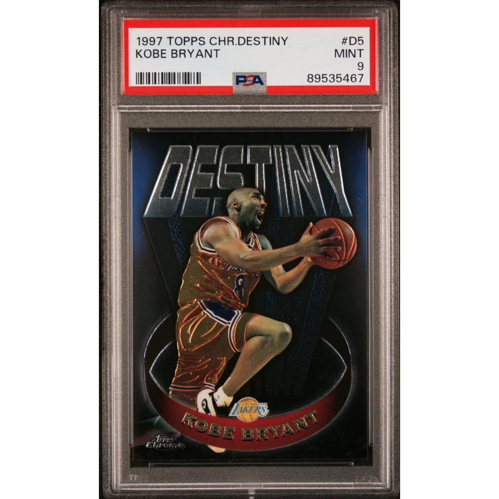 Mint PSA 9 Kobe Bryant 1997 Topps Chrome Destiny basketball card displayed