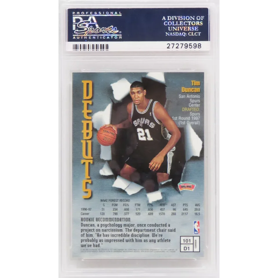 Graded 1997-98 Fleer Metal Universe Tim Duncan rookie basketball card in PSA 10 GEM MINT condition