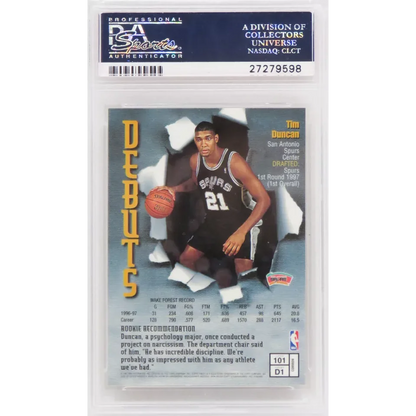 Graded 1997-98 Fleer Metal Universe Tim Duncan rookie basketball card in PSA 10 GEM MINT condition