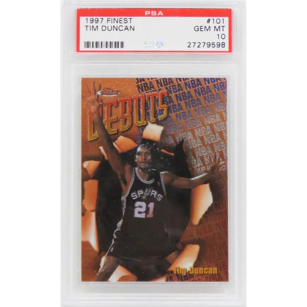 PSA 10 GEM MINT 1997 Finest Tim Duncan Rookie Card #101 displayed in collector’s box
